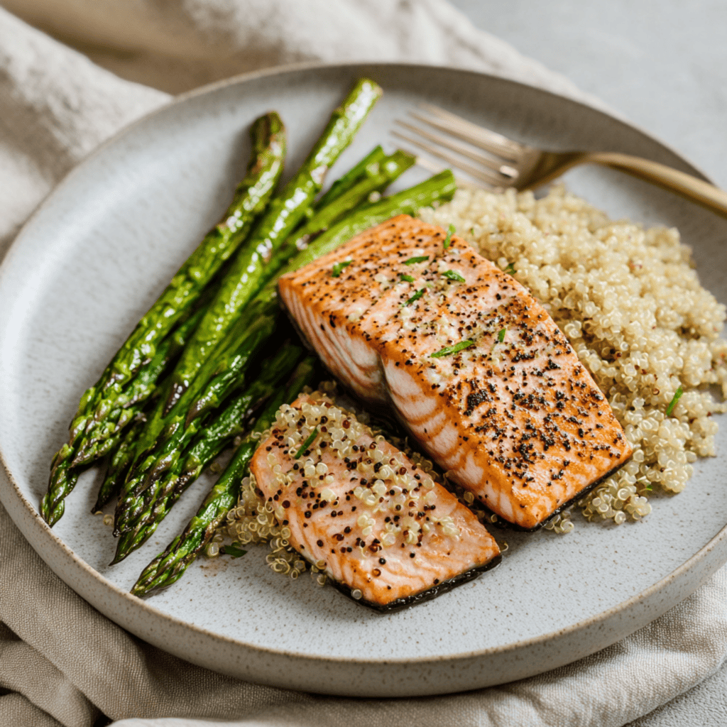 Grilled salmon fillet with roasted asparagus and quinoa on a ceramic plate — a balanced, protein-rich meal for nutrition coaching