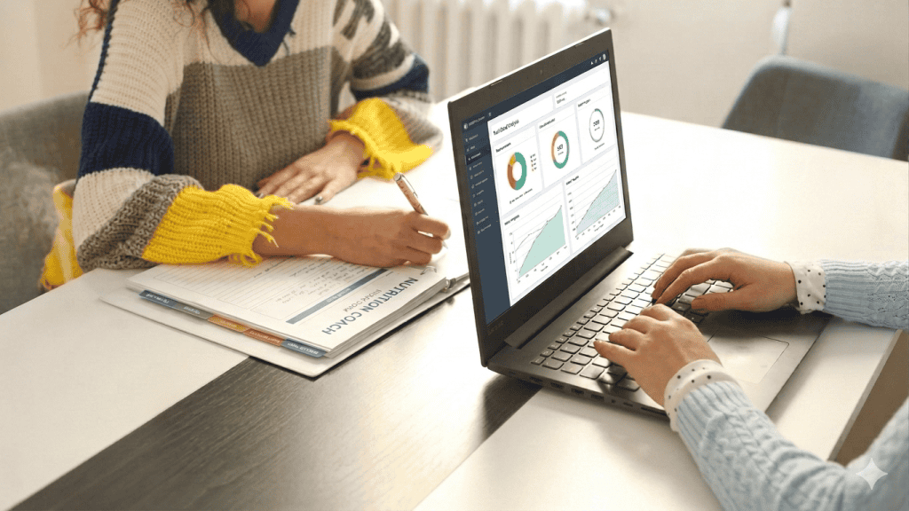 Nutrition coach and client reviewing progress together during an accountability check-in session