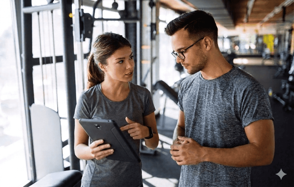 Nutrition coach reviewing goals with a client during a one-on-one consultation at Peak Fitness SLO