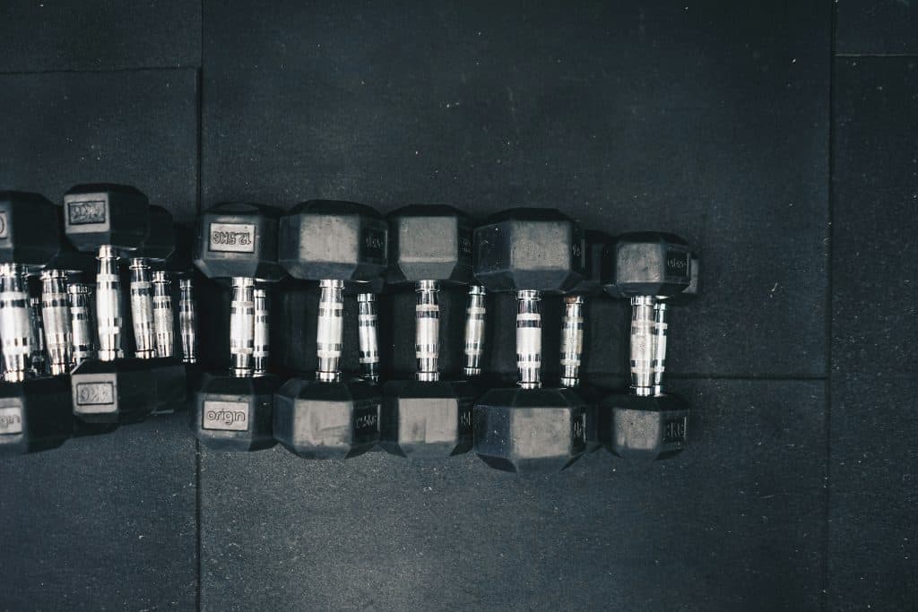 Close-up of a dumbbells with weights ranging from 5kg to 12.5kg